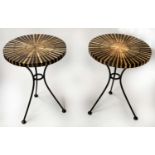 LAMP TABLES, a pair, 54cm x 40cm diam., circular marquetry style with metal supports. (2)