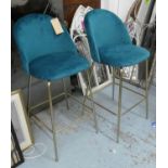 BAR STOOLS, three, 107cm H, blue velour seats. (3) (sold as seen with 1 assembled)