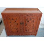 SIDE CABINET, Asian lacquer with carved doors, 39cm D x 99cm W x 86cm H, and similar mirror, 79cm