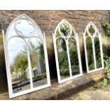 ARCHITECTURAL GARDEN MIRRORS, three, 103cm x 55cm, Gothic revival style, white painted.