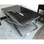 LOW TABLE, 111cm x 66cm x 45.5cm, smoked glass top, polished metal base.