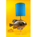 FISH LAMP, Graham and Green, polished metal with blue silk shade on plinth base, 63cm H (including