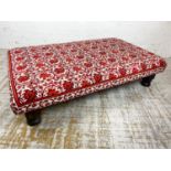 HEARTH STOOL, upholstered in Ottoman design fabric raised on turned hardwood supports, 35cm H x