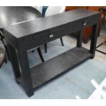 CONSOLE TABLE, 139.5cm W x 85.5cm H x 41.5cm D black faux crocodile with two drawers above an