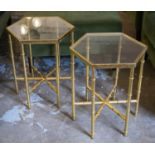 SIDE TABLES, 51cm H x 44cm x 38cm a pair gilt metal with hexagonal glass tops. (2)