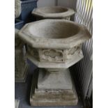 GARDEN PLANTERS, two, on plinths 75cm H composite stone, Gothic style. (2)