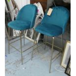 BAR STOOLS, three, 107cm H, blue velour seats. (3) (sold as seen with 1 assembled)