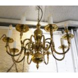 CHANDELIER, 62cm x 50cm H excluding chain, Dutch style brass with eight lights. (one candle cover