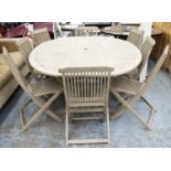 GARDEN TABLE, 75cm H x 200cm x 150cm, grey painted oval and two sets of four folding chairs. (9)