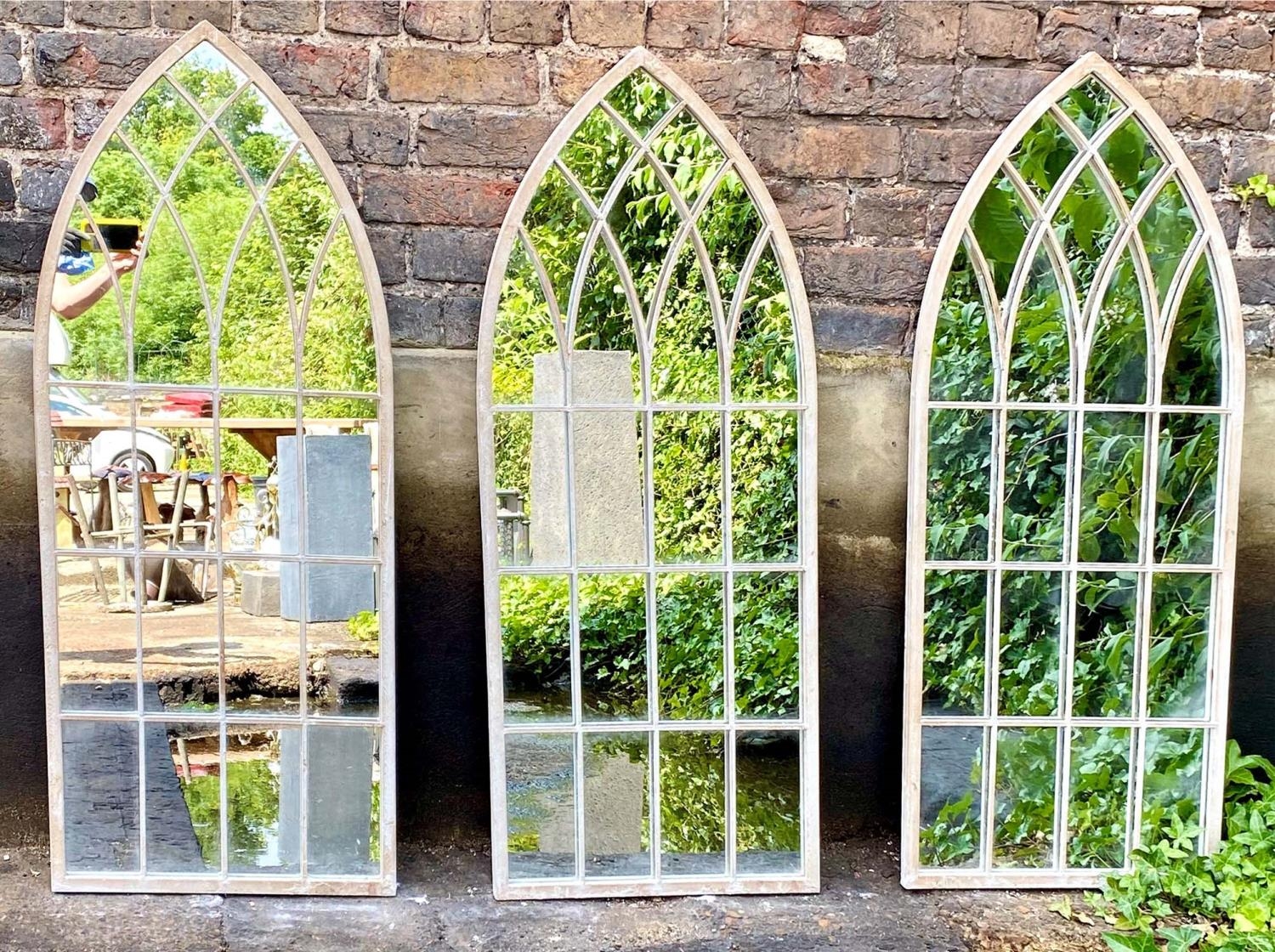 ARCHITECTURAL GARDEN WALL MIRRORS, three, 115cm x 50cm, Gothic Revival style arched design. (3)