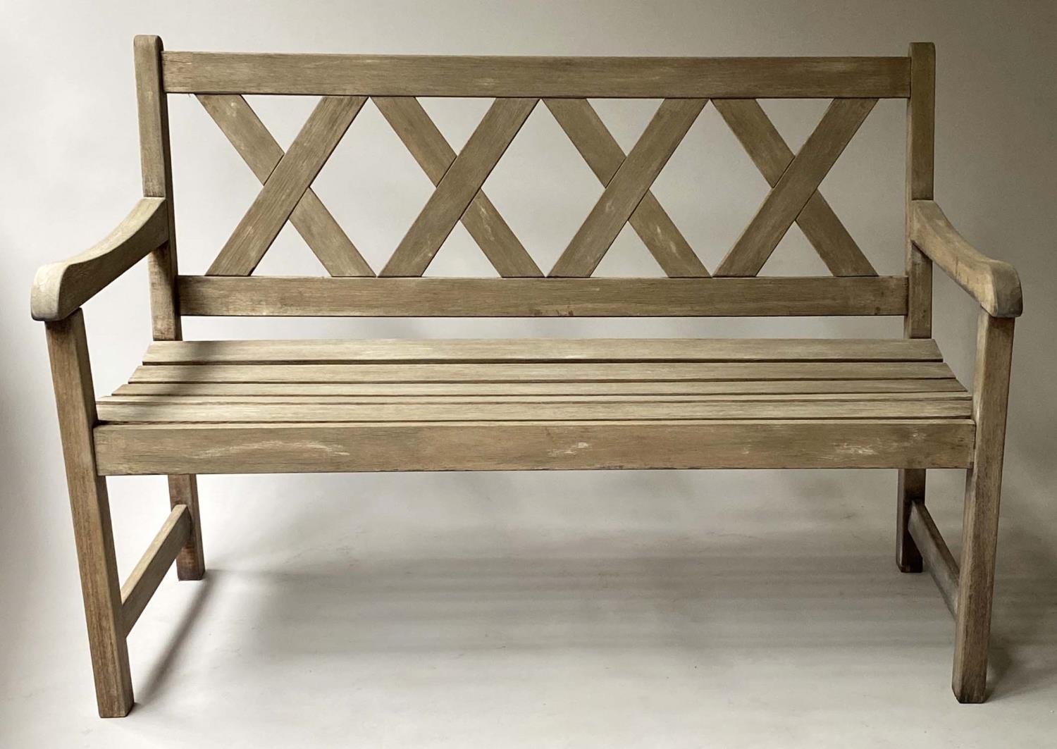 LATTICE GARDEN BENCH, weathered teak and slatted with lattice back, 119cm W.