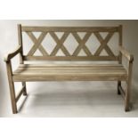 LATTICE GARDEN BENCH, weathered teak and slatted with lattice back, 119cm W.