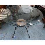 DINING TABLE, 115cm diam, the circular glass top on a metal base and five Paultons design metal