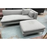 CHAISE LONGUE, 200cm x 73cm H x 95cm, light grey upholstery on chrome legs, with matching