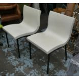 DINING CHAIRS, six Ligne Roset manner 49cm W x 82cm H with cream leather upholstery on ebonised