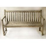 GARDEN BENCH, 146cm W, weathered teak slatted with shaped back uprights.
