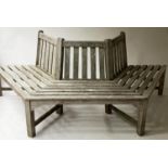 TREE BENCH, country house three sided weathered teak slatted with back rest, 230cm x 97cm internal x
