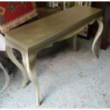 CONSOLE TABLE, 42cm x 84cm H x 127cm, in a silvered finish.