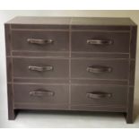 CHEST, 120cm W x 50m D x 96cm H, stitched grey leather with three long drawers.