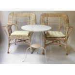 TERRACE SET INCLUDING ARMCHAIRS, a pair, 72cm W together with marble topped metal table, 60cm x 69cm
