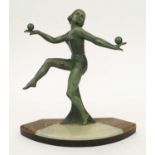 SCULPTURE, Art Deco, Salvatore Melani (Italian 1902-1934), girl balancing balls, Zamac with green