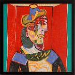 PABLO PICASSO 'Woman in Hat', on cotton, Spadem, 47cm x 47cm, framed and glazed.