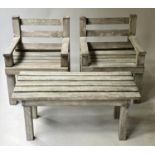 GARDEN ARMCHAIRS, a pair, weathered teak of substantial form together with a low table, chairs