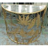 DEMI LUNE CONSOLE TABLE, 68cm x 78cm, foliate design, gilt metal.