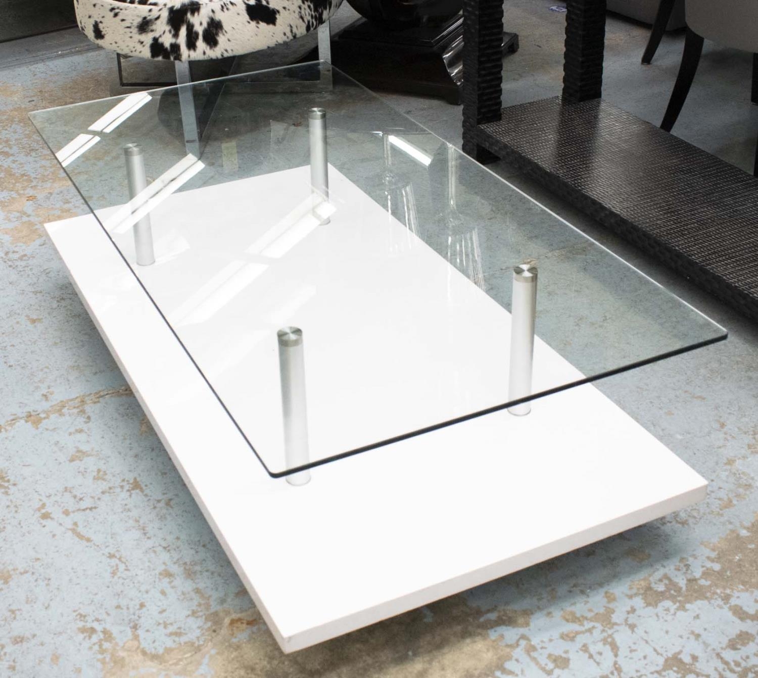 COCKTAIL TABLE, 40cm x 140cm x 70cm, glass top, white lacquered base.