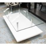 COCKTAIL TABLE, 40cm x 140cm x 70cm, glass top, white lacquered base.