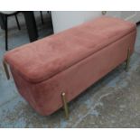 OTTOMAN, 109cm x 41cm x 45cm, pink velvet with lift up storage, gilt metal feet.