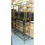 OPEN DISPLAY SHELVES, 96.5cm x 38cm x 196.5cm, French Art Deco style, gilt metal and glass.