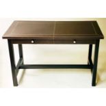 WRITING TABLE, 122cm x 60cm D x 76cm H, stitched grey leather with two frieze drawers.