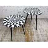 SIDE TABLES, a graduated pair, 1970's Italian design, circular inlaid tops on tripod metal legs,