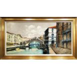 FRANCO LIOTTI 'Rialto Bridge from Riva del Carbon', oil on canvas, 59cm x 118cm, signed and framed.