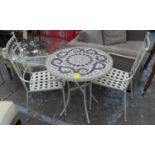 GARDEN SET, including circular mosaic table, 70cm Diam and two metal chairs. (3)