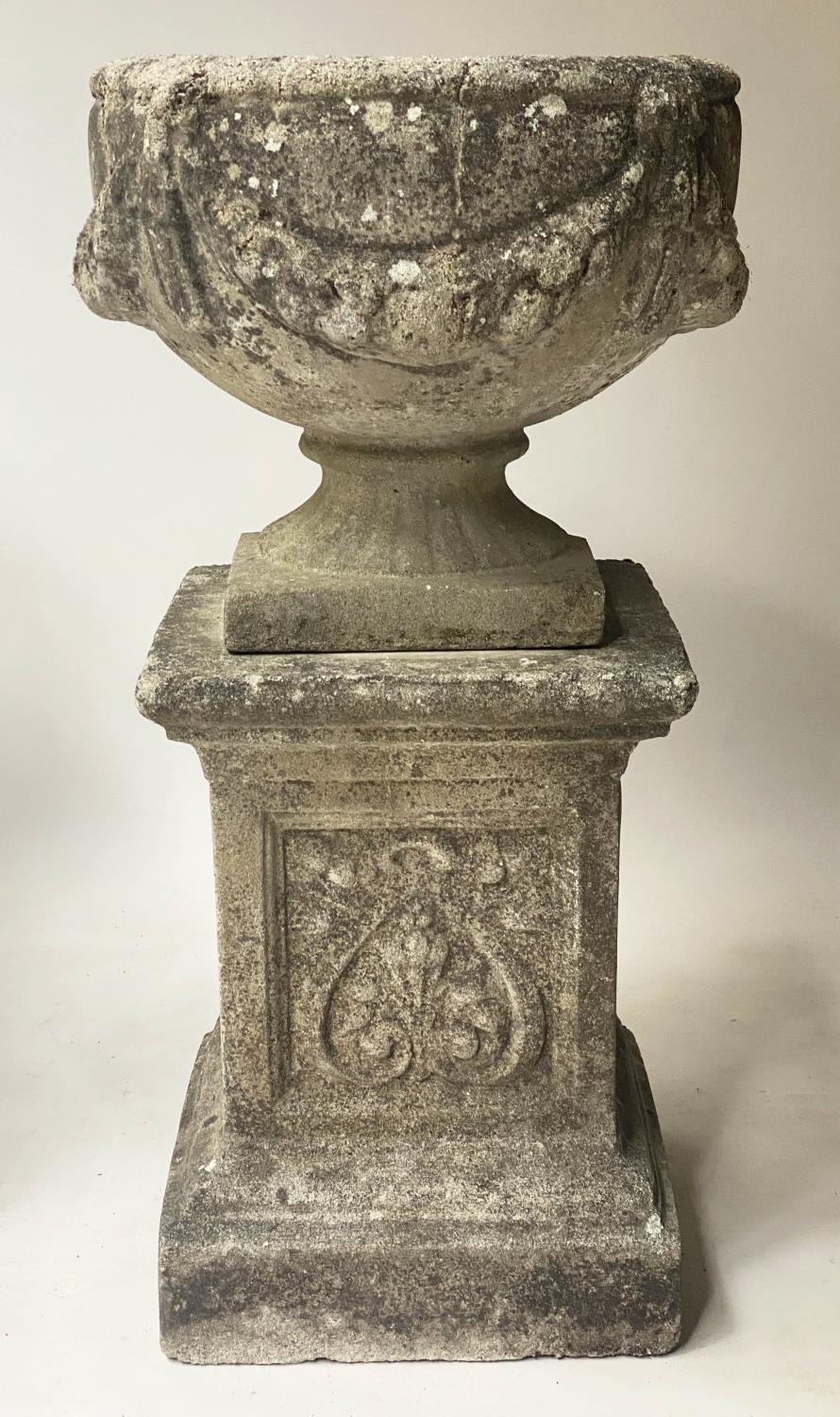 GARDEN PLANTERS, a pair, well weathered reconstituted stone with swag decorated urns on anthemion - Image 5 of 10