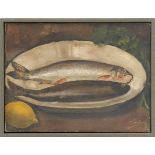 FRENCH SCHOOL 'Study of Two Fish with Lemon', oil on canvas, signed Jim Seroy, 30cm x 40cm.