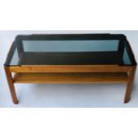 MYER LOW TABLE, 1970's teak with sepia glass top, 35cm H x 88cm x 44cm.