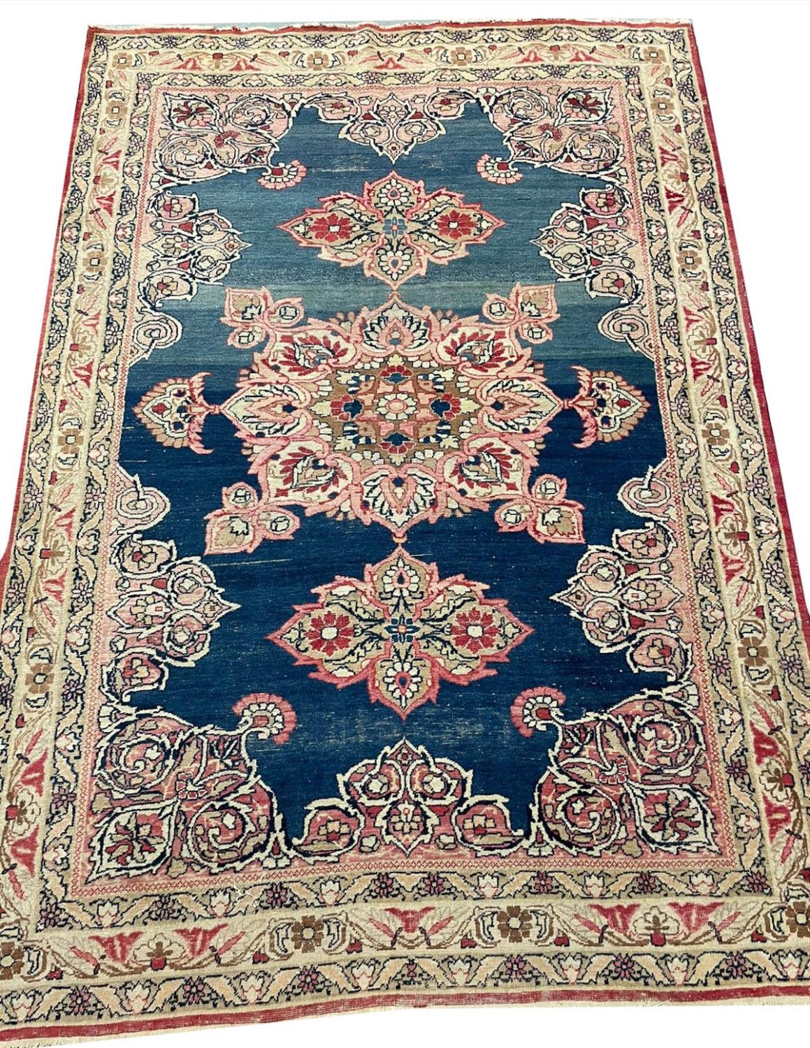 ANTIQUE PERSIAN KIRMAN LAVER RUG, 192cm x 135cm.