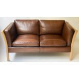 STOUBY SOFA, Danish two seater in grained and piped tan leather, 148cm W.