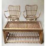 TERRACE ARMCHAIRS AND TABLE, a pair, early 20th century bamboo and cane bound with a similar