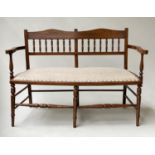 HALL BENCH, early 20th century English studded upholstered seat and turned back and supports,