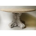 DINING/CENTRE TABLE, 150cm diam. x 80cm H, faux travertine on painted carved base.