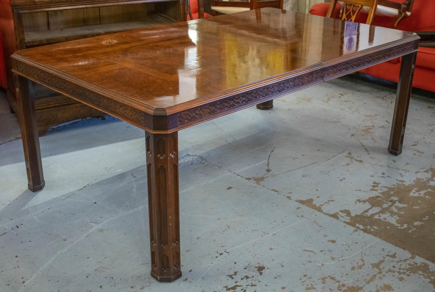 DINING TABLE, 75cm H x 118cm W x 194cm L, extended 298cm, Chippendale style burr veneered with - Image 2 of 4