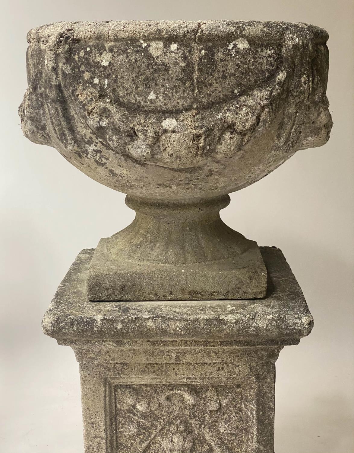 GARDEN PLANTERS, a pair, well weathered reconstituted stone with swag decorated urns on anthemion - Image 6 of 10