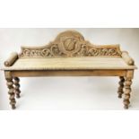 HALL BENCH, 138cm W x 82cm H x 35cm D, mid 19th century oak, with raised escutcheon back, bolster