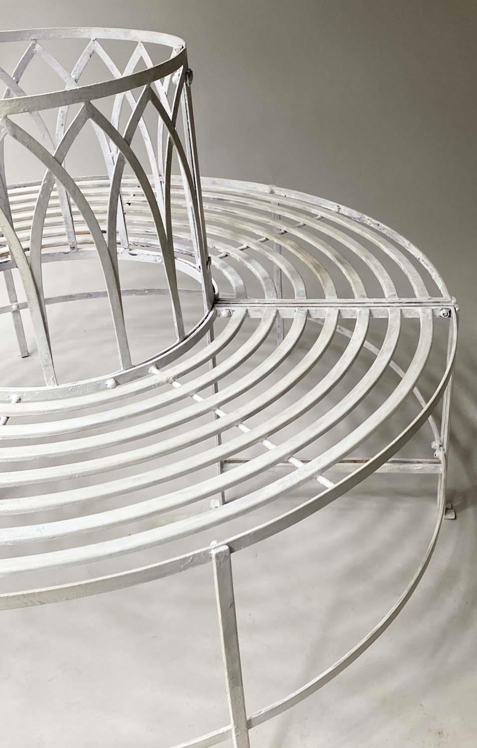 GARDEN TREE BENCH, white painted metal slatted full circle with Gothic arched upstand, 132cm W, - Image 3 of 6