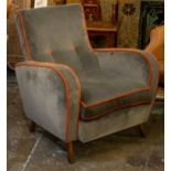 ARMCHAIR, 82cm H x 76cm W x 84cm D, Designers Guild grey velvet and orange piping upholstered with