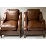 DUDGEON ARMCHAIRS, 83cm W, a pair, hand finished mid tan brown grained leather, with back and seat